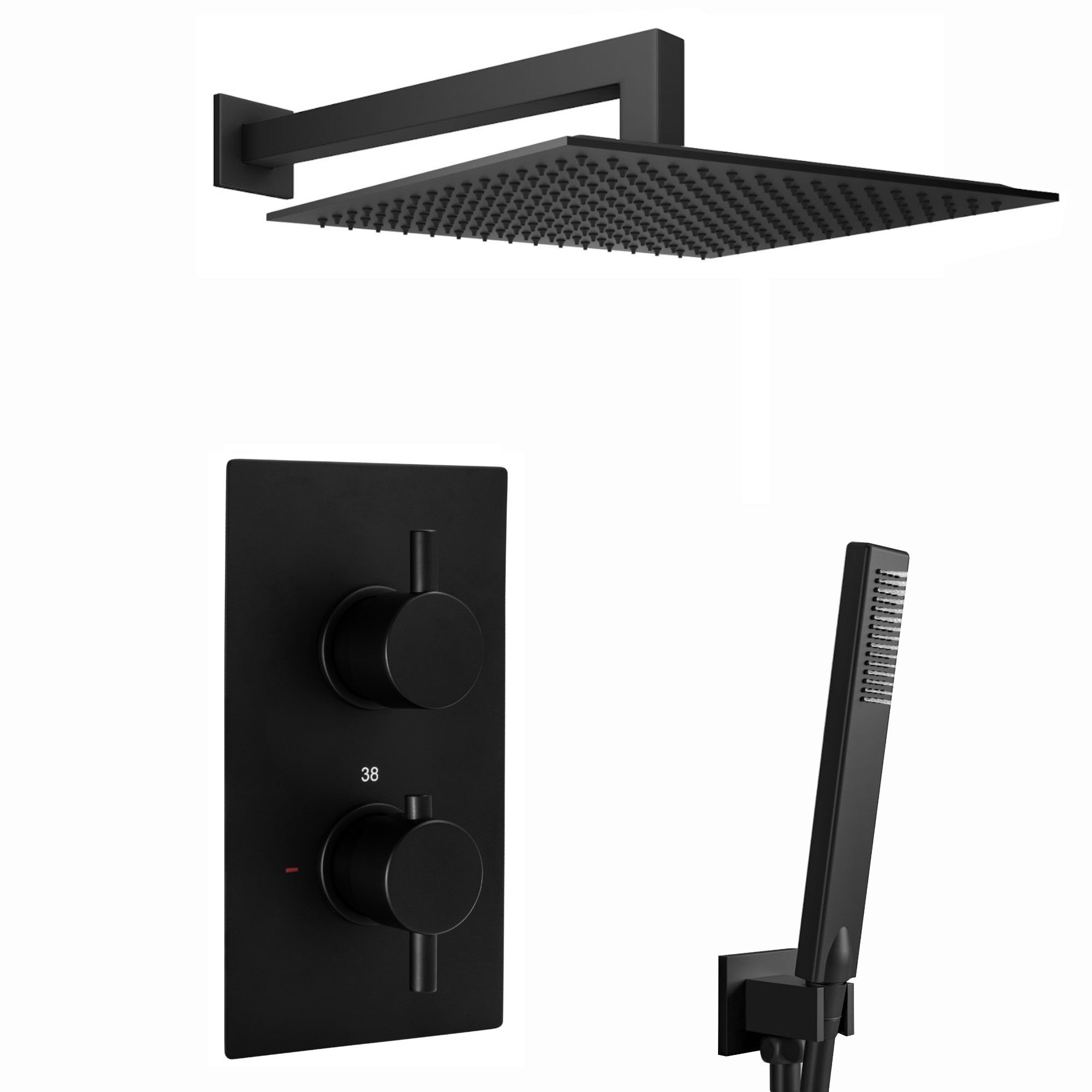 Venice Square Concealed Thermostatic Shower Set Incl. Twin Valve, Wall Fixed 8" Shower Head, Handset Kit - Matte Black (2 Outlet)